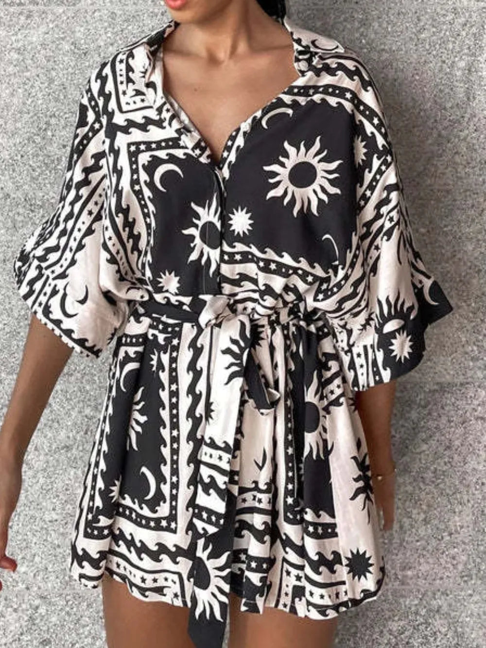 Fashorio Printed Tie Waist Half Sleeve Romper