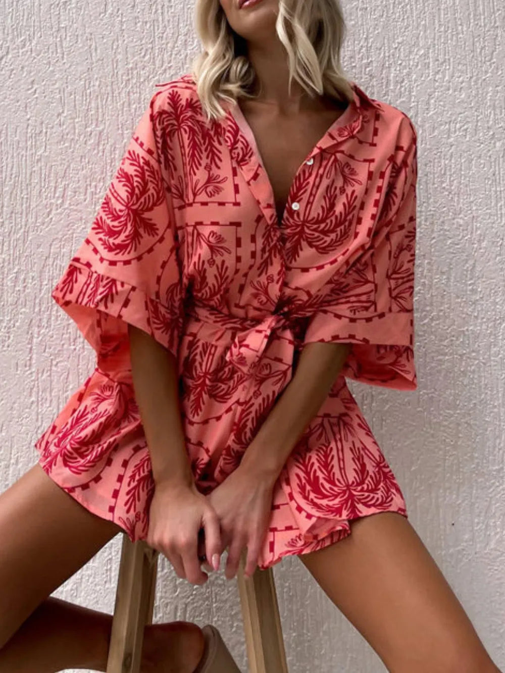 Fashorio Printed Tie Waist Half Sleeve Romper