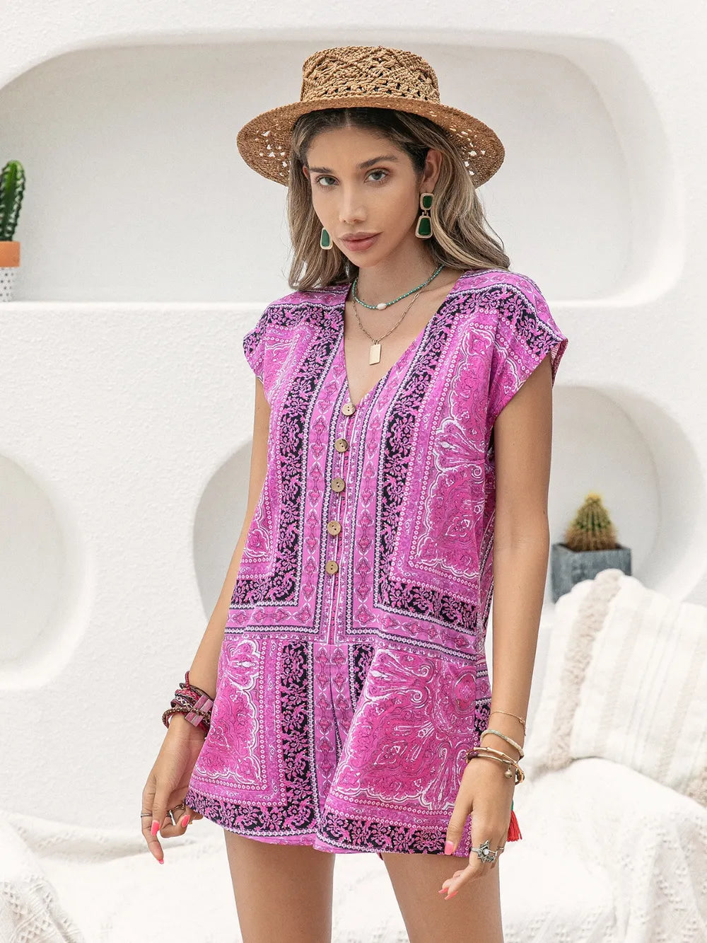 Fashorio Printed V-Neck Cap Sleeve Romper