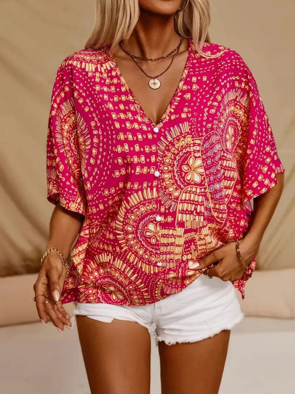 Fashorio Printed V-Neck Half Sleeve Top