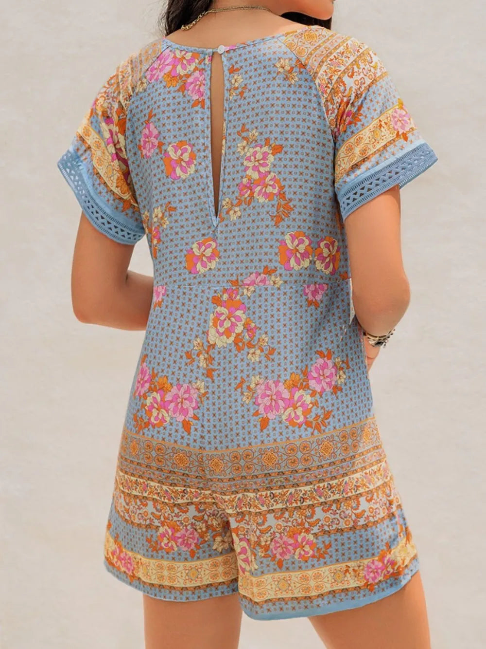 Fashorio Printed V-Neck Short Sleeve Romper