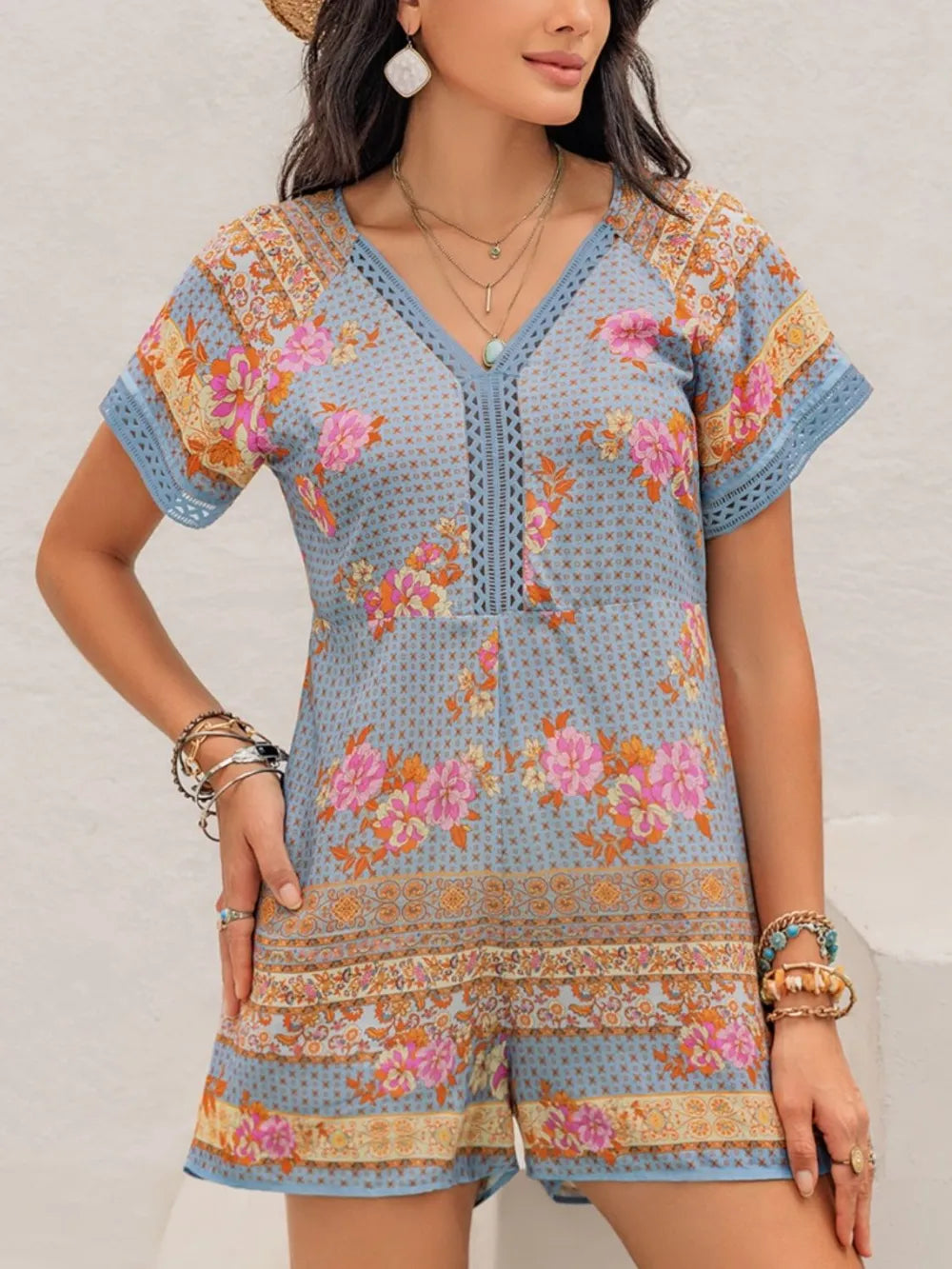 Fashorio Printed V-Neck Short Sleeve Romper