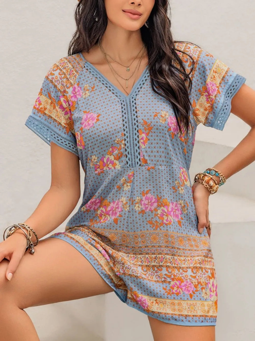 Fashorio Printed V-Neck Short Sleeve Romper