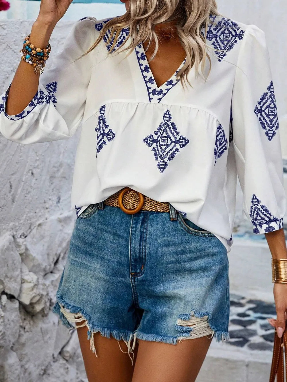 Fashorio Printed V-Neck Three-Quarter Sleeve Blouse