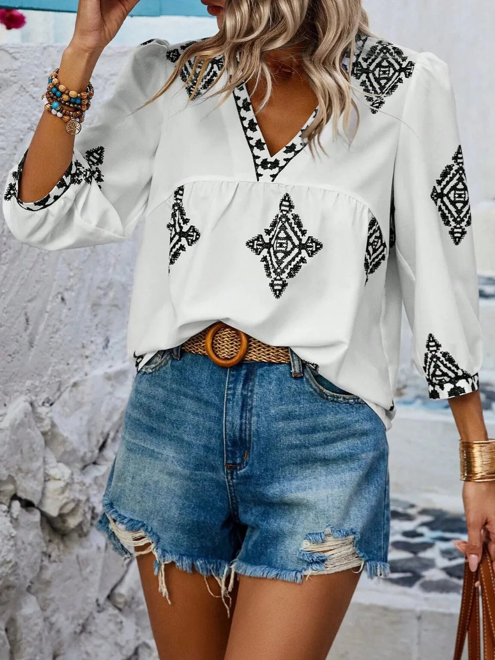 Fashorio Printed V-Neck Three-Quarter Sleeve Blouse