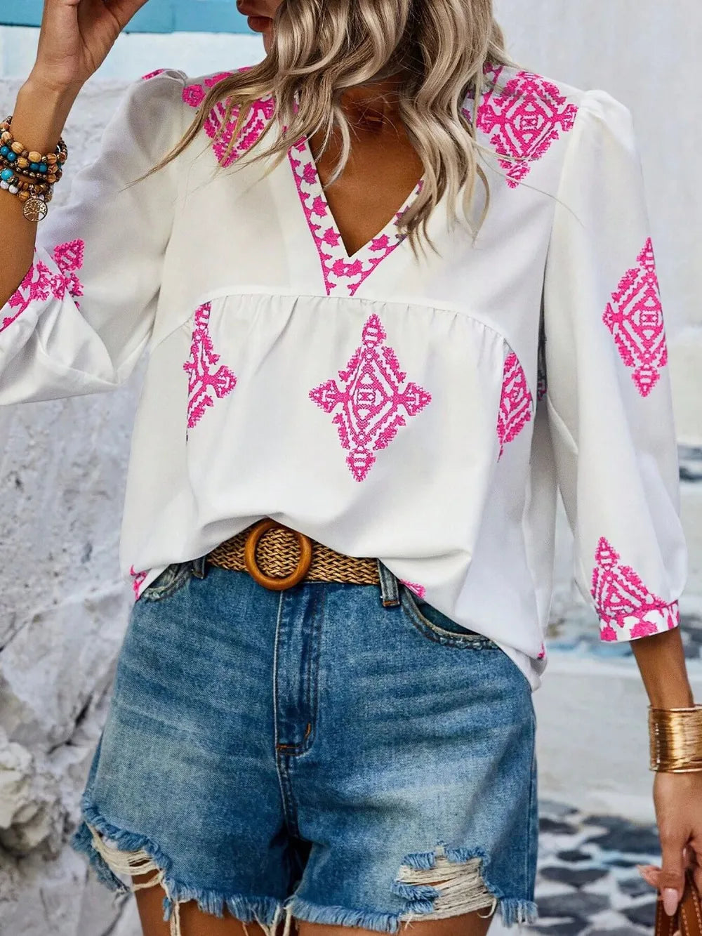 Fashorio Printed V-Neck Three-Quarter Sleeve Blouse