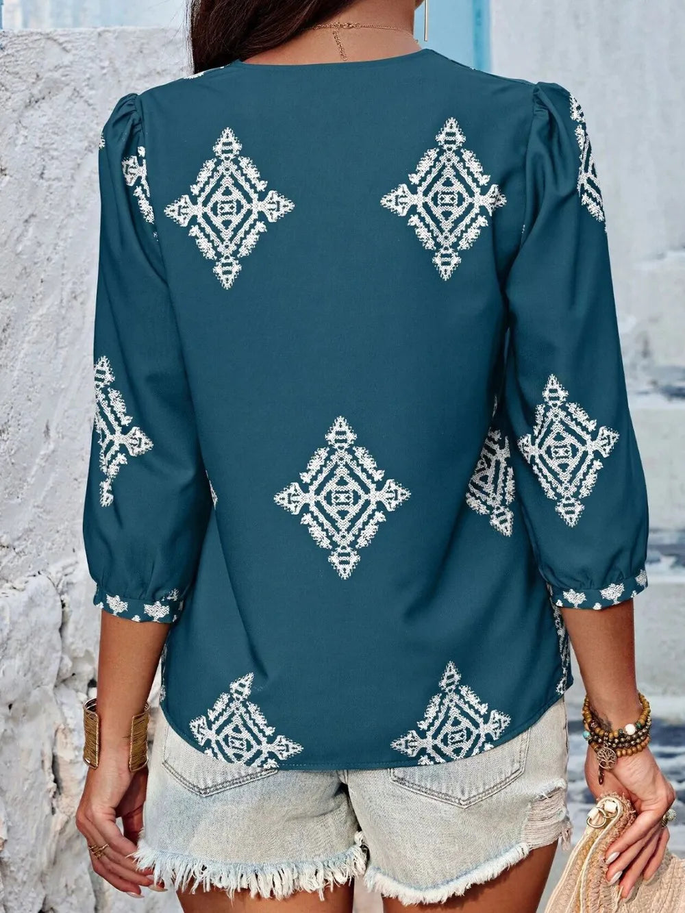 Fashorio Printed V-Neck Three-Quarter Sleeve Blouse