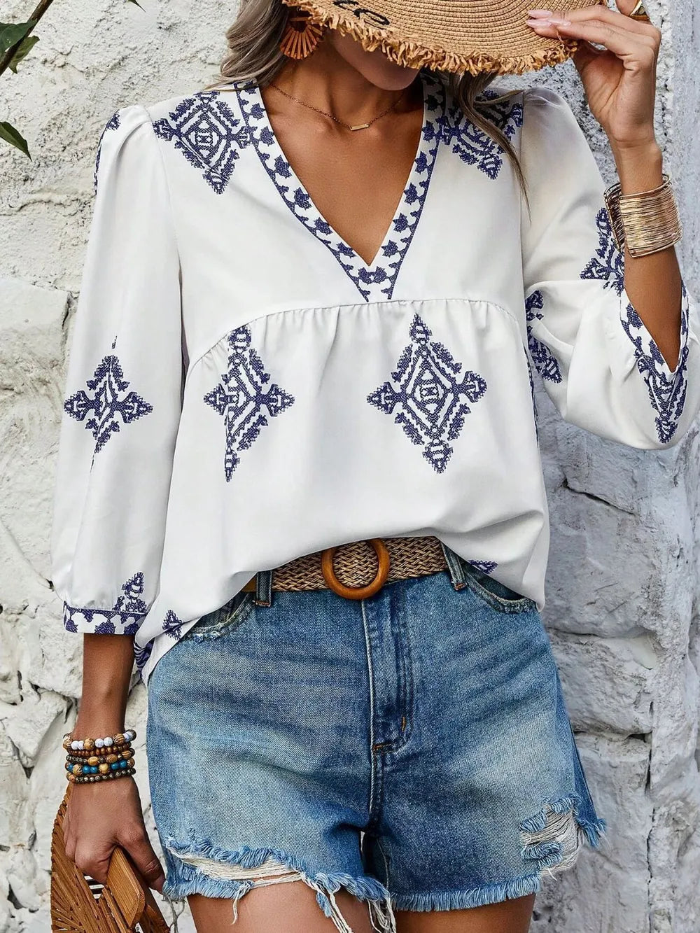 Fashorio Printed V-Neck Three-Quarter Sleeve Blouse