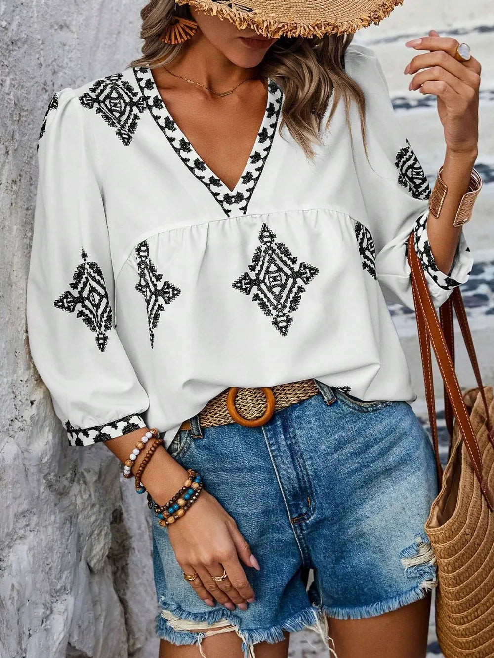 Fashorio Printed V-Neck Three-Quarter Sleeve Blouse
