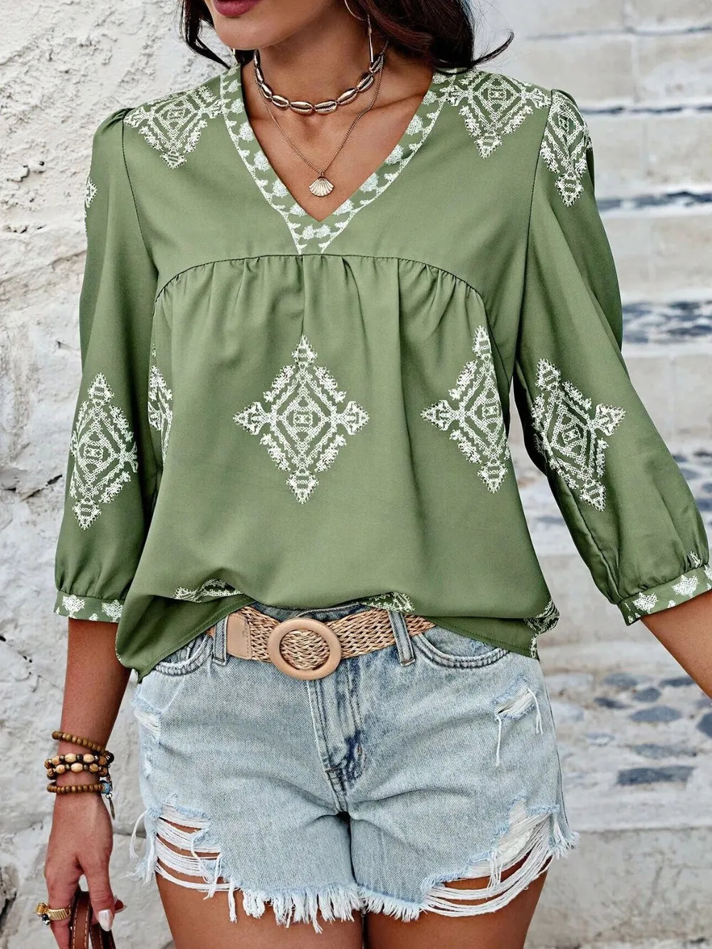 Fashorio Printed V-Neck Three-Quarter Sleeve Blouse