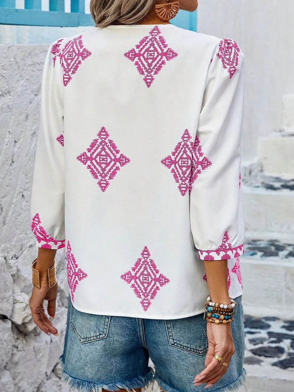 Fashorio Printed V-Neck Three-Quarter Sleeve Blouse