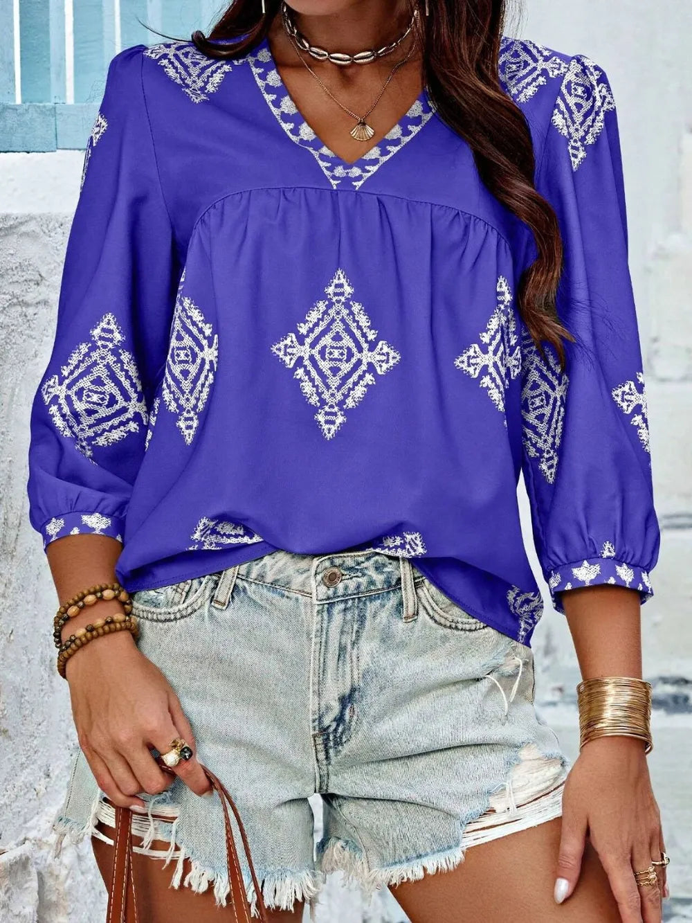 Fashorio Printed V-Neck Three-Quarter Sleeve Blouse
