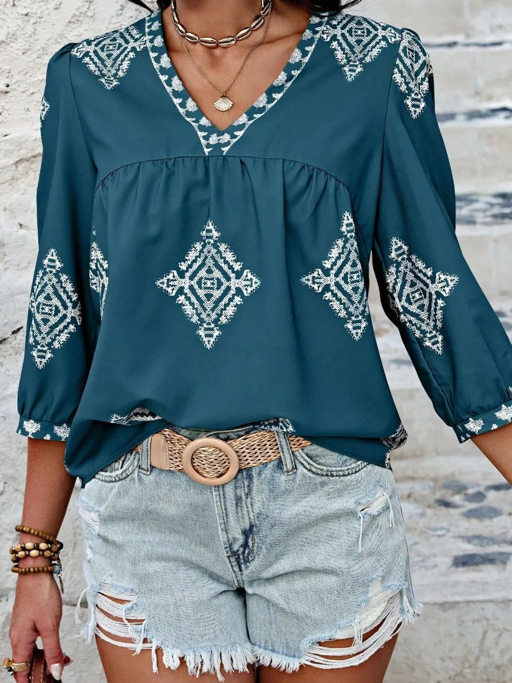 Fashorio Printed V-Neck Three-Quarter Sleeve Blouse