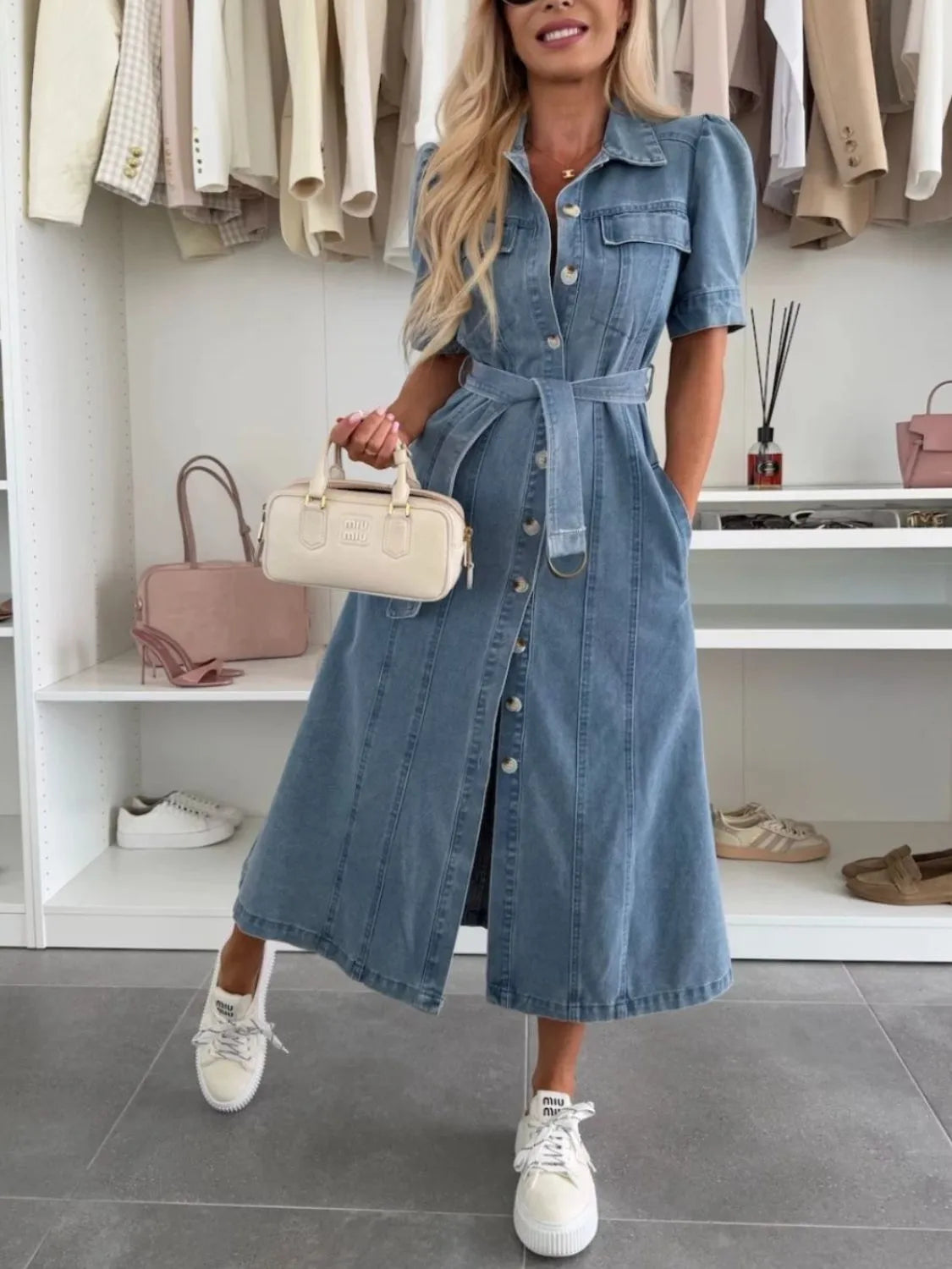 Fashorio Puff Sleeve Button Down Belted Denim Midi Dress