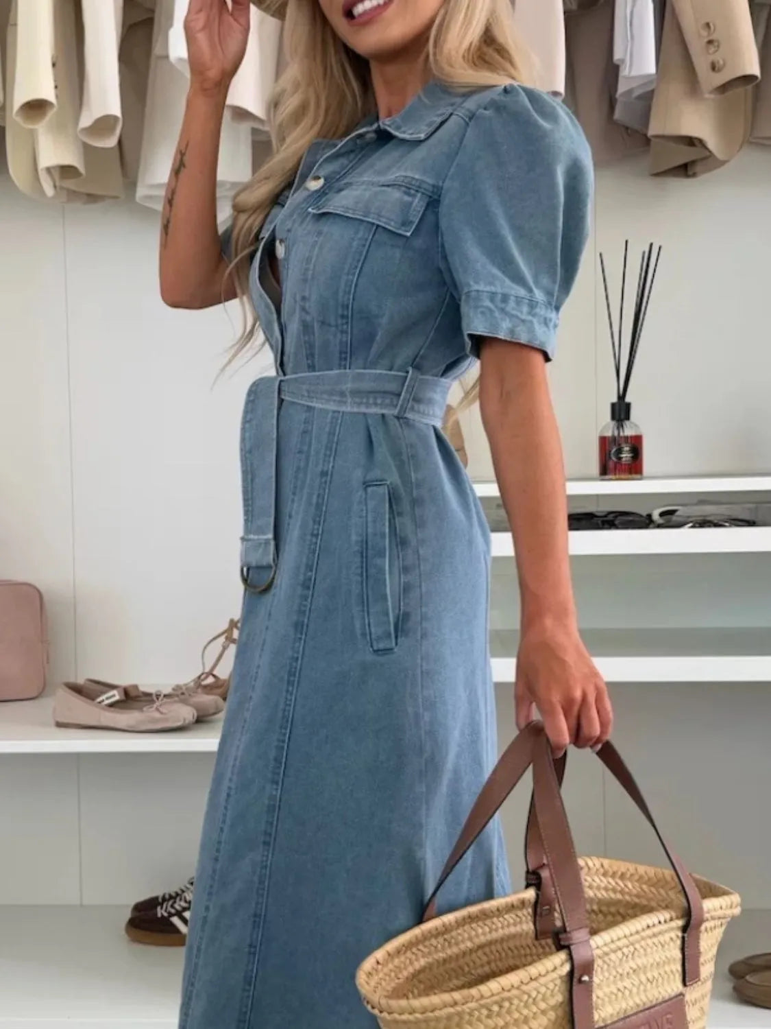 Fashorio Puff Sleeve Button Down Belted Denim Midi Dress