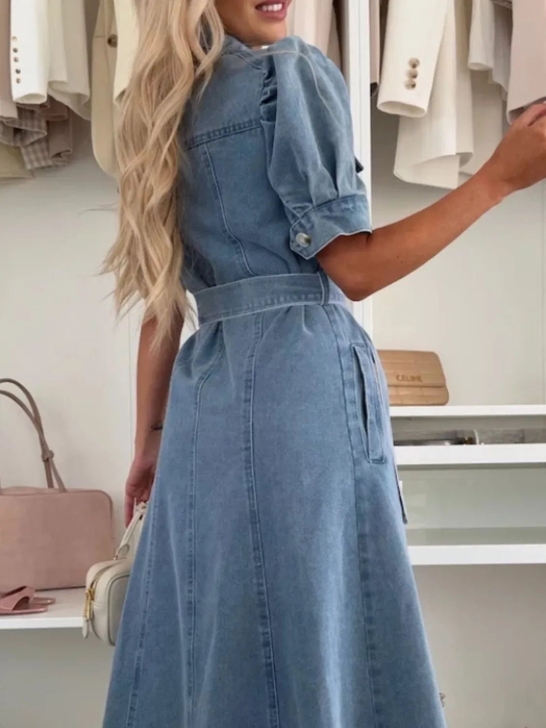 Fashorio Puff Sleeve Button Down Belted Denim Midi Dress