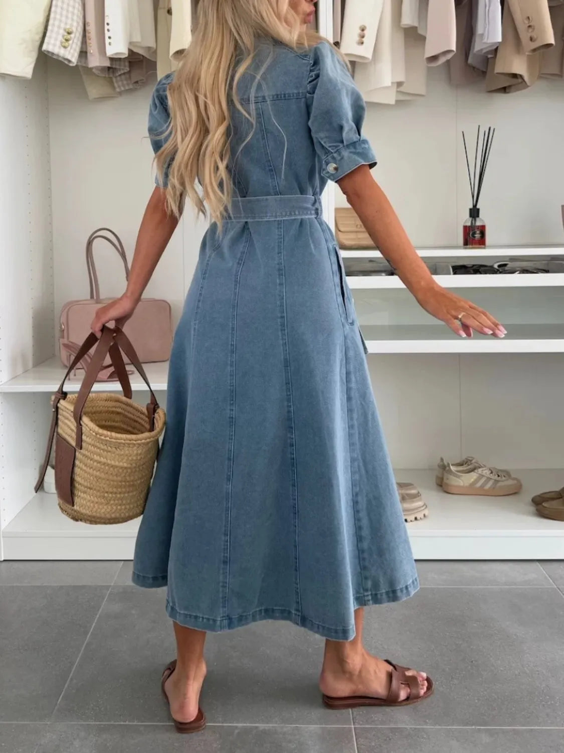 Fashorio Puff Sleeve Button Down Belted Denim Midi Dress