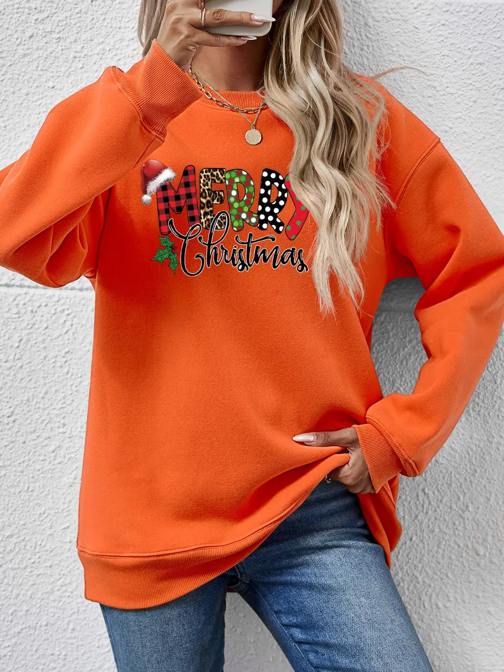 Fashorio Pumpkin / S MERRY CHRISTMAS Round Neck Dropped Shoulder Sweatshirt