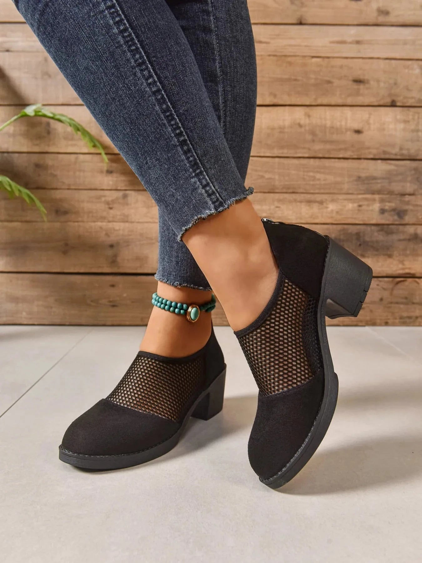 Fashorio Pumps Black / 35 Mesh Panel Block Heel Pumps