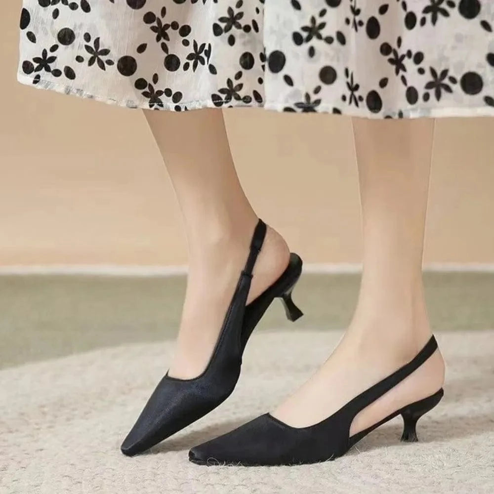 Fashorio Pumps Black / 35(US4) Point Toe Kitten Heel Slingback Pumps