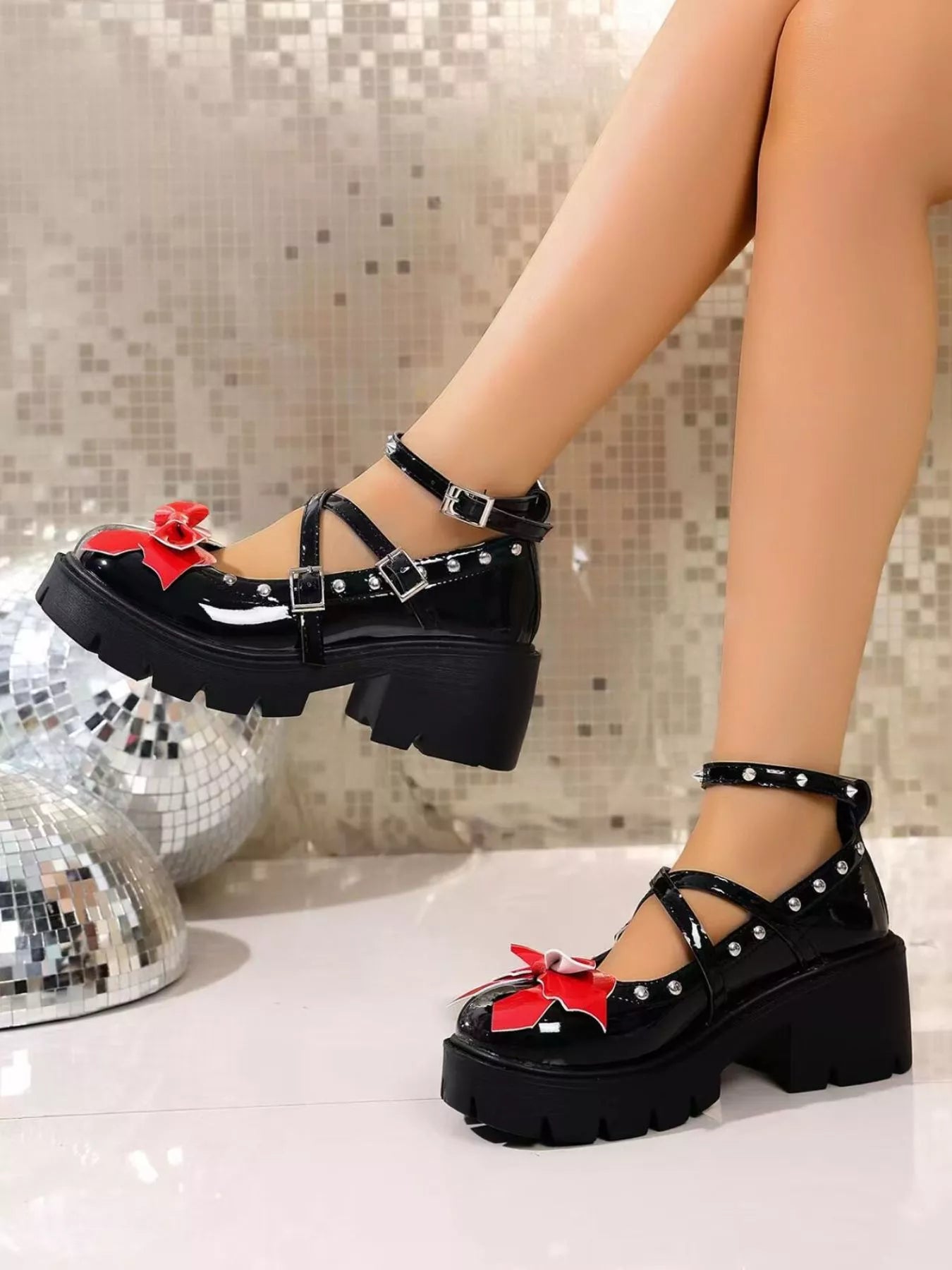 Fashorio Pumps Bow Round Toe Block Heels Pumps