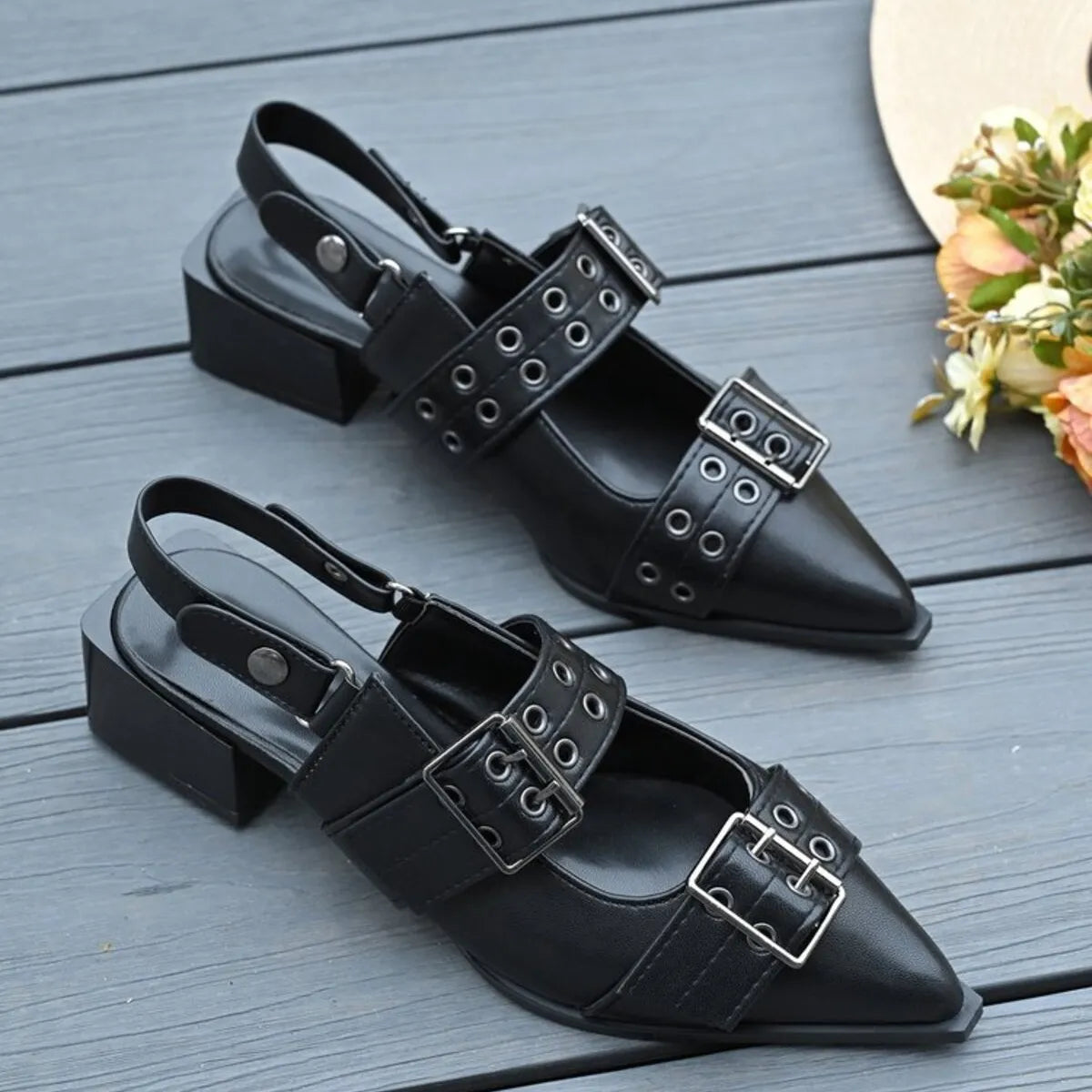 Fashorio Pumps Point Toe Block Heels Slingback Pumps