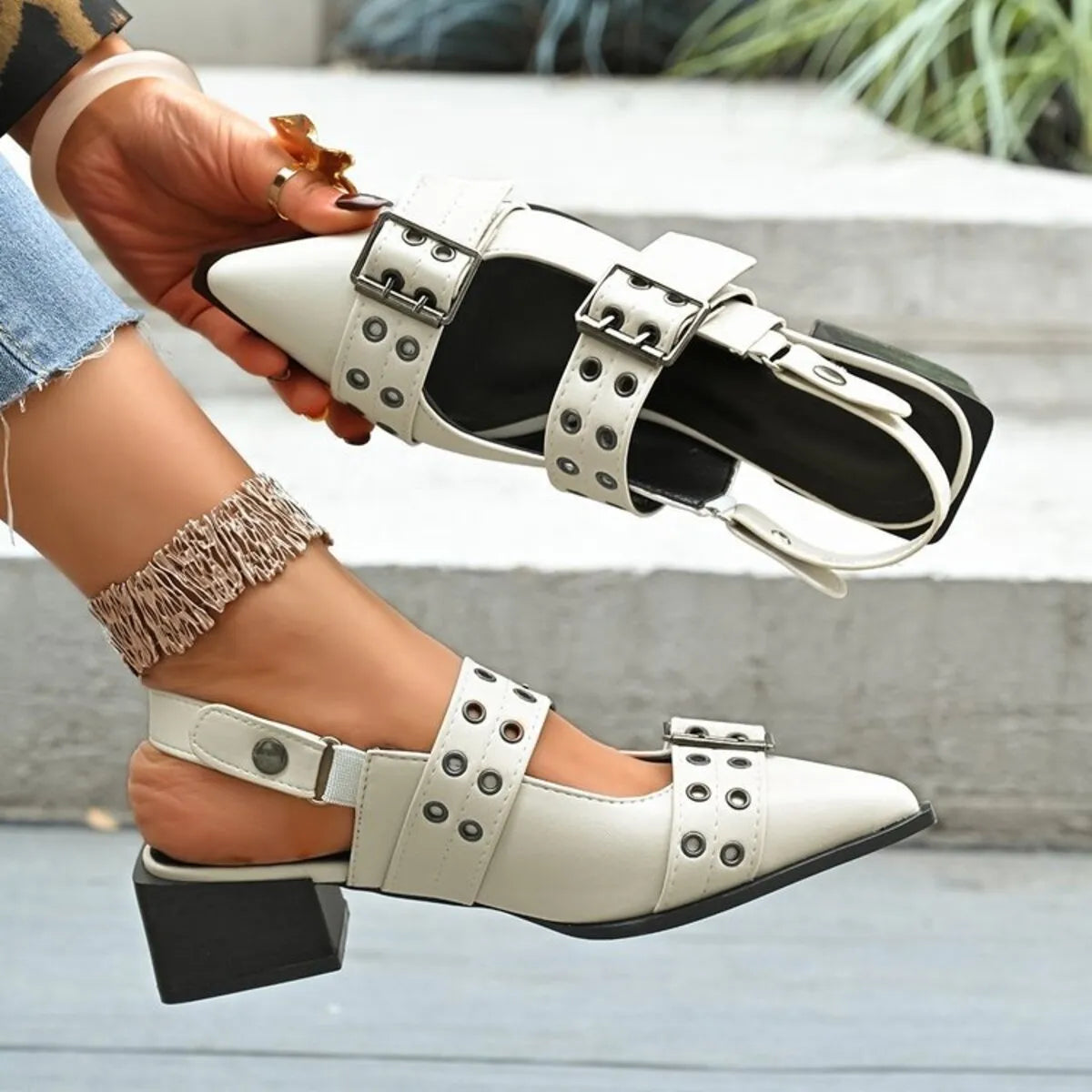 Fashorio Pumps Point Toe Block Heels Slingback Pumps