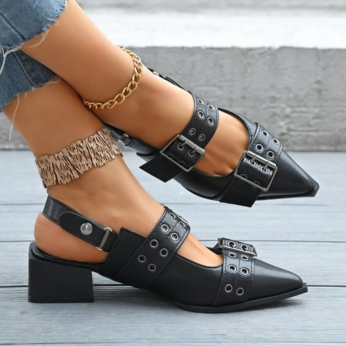 Fashorio Pumps Point Toe Block Heels Slingback Pumps