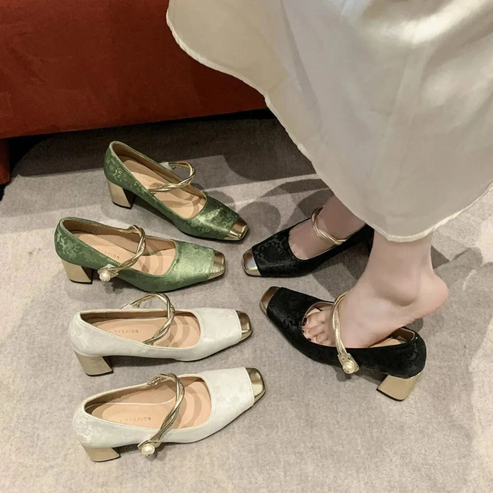 Fashorio Pumps Square Toe Block Heels Pumps