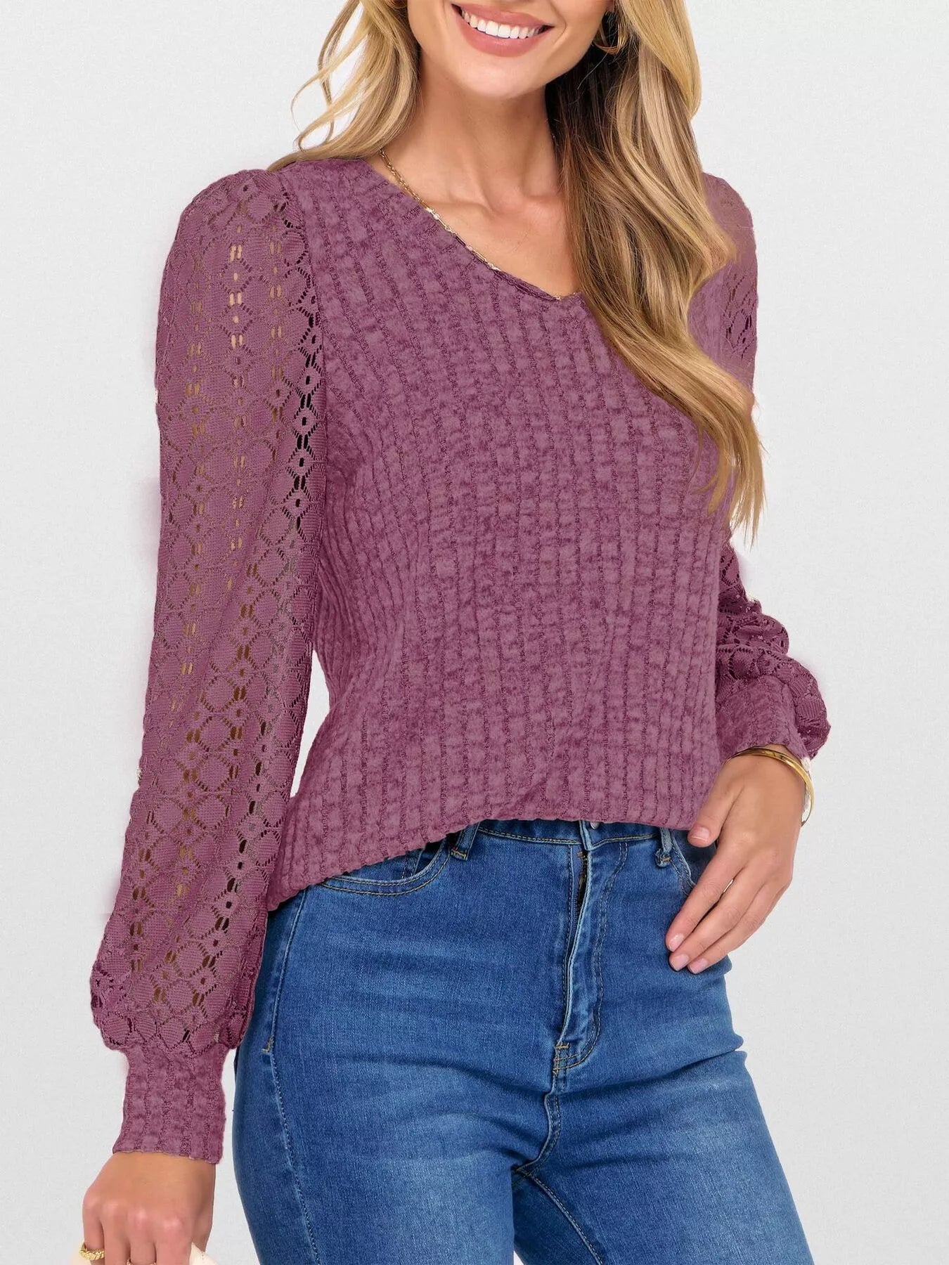 Fashorio Purple Pink / S Lace Sleeve V-Neck T-Shirt