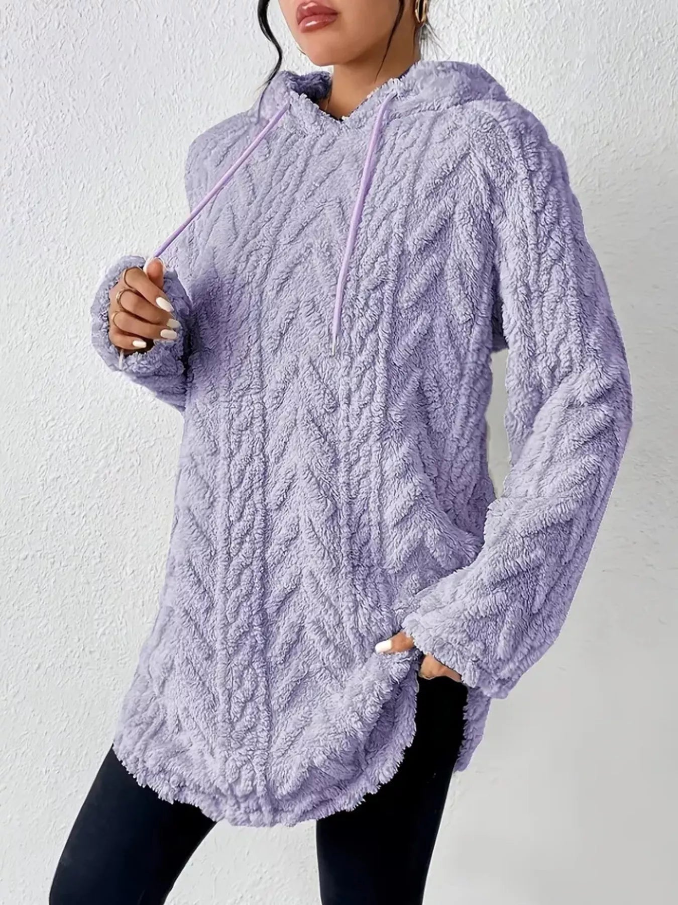 Fashorio Purple / S Cozy Textured Drawstring Fleece Hoodie