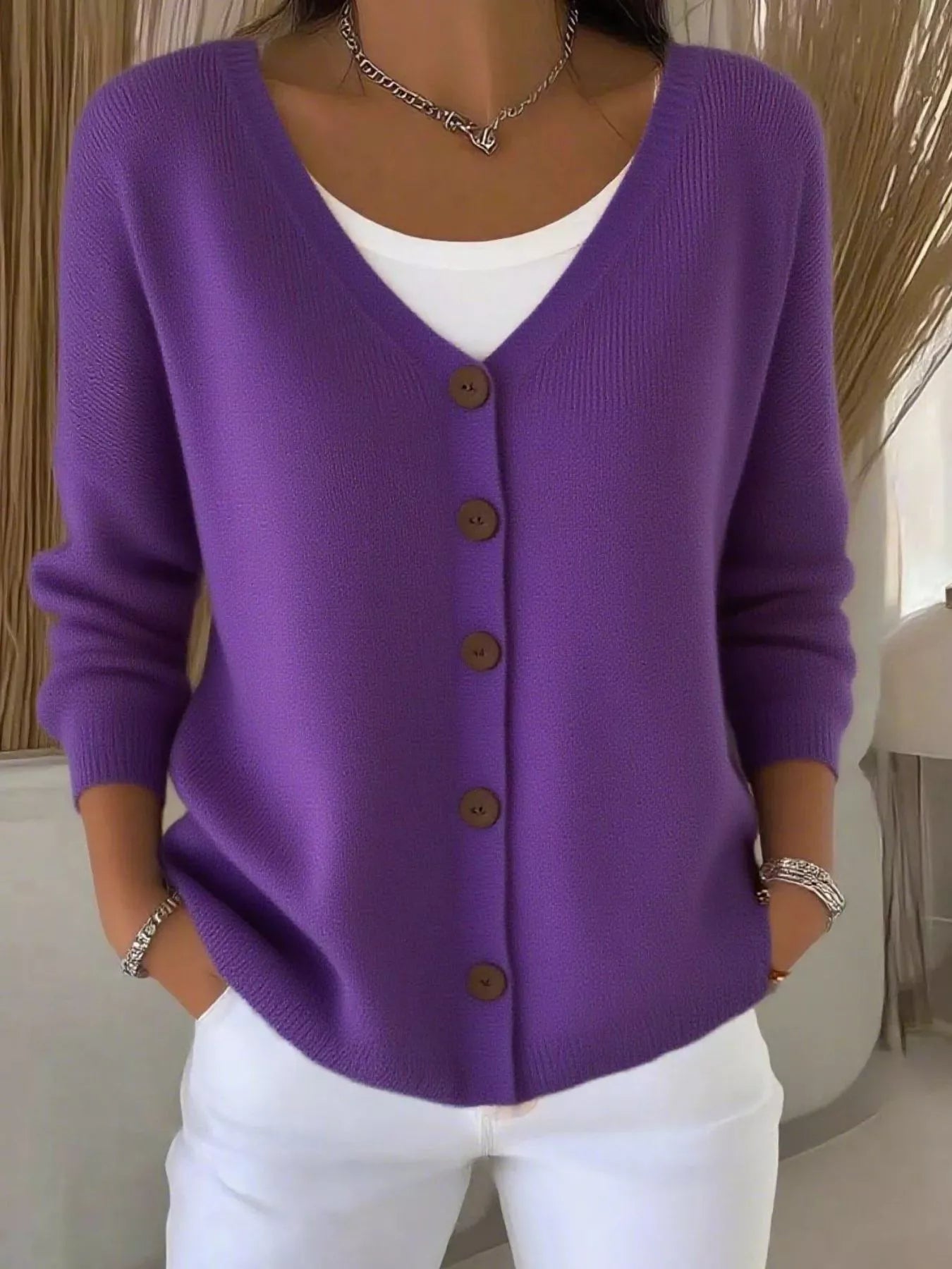 Fashorio Purple / S Full Size Button-Front V-Neck Cardigan Plus Size