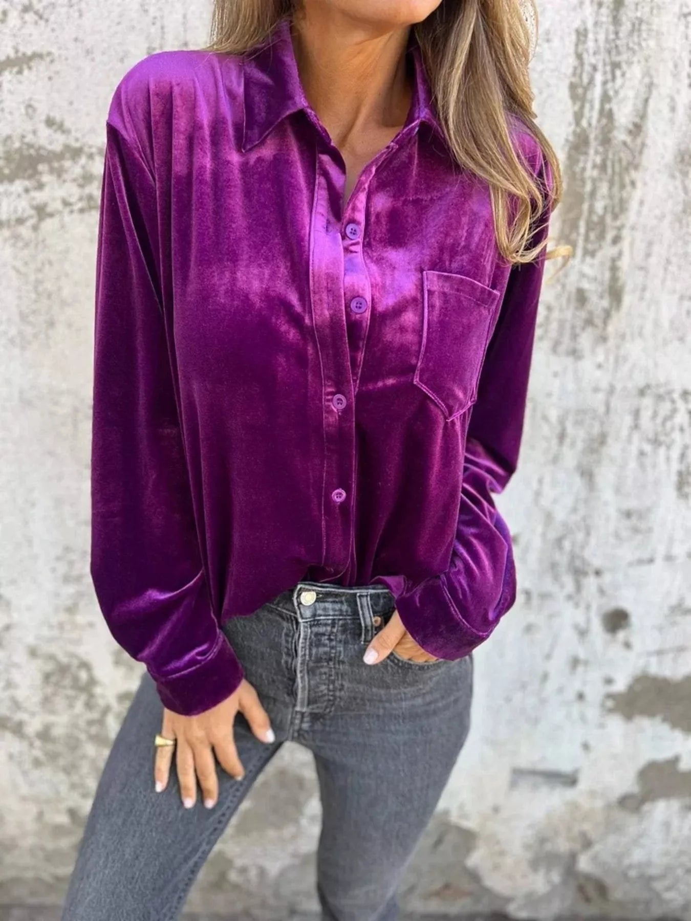 Fashorio Purple / S Full Size Velvet Button-Up Long Sleeve Shirt Plus Size