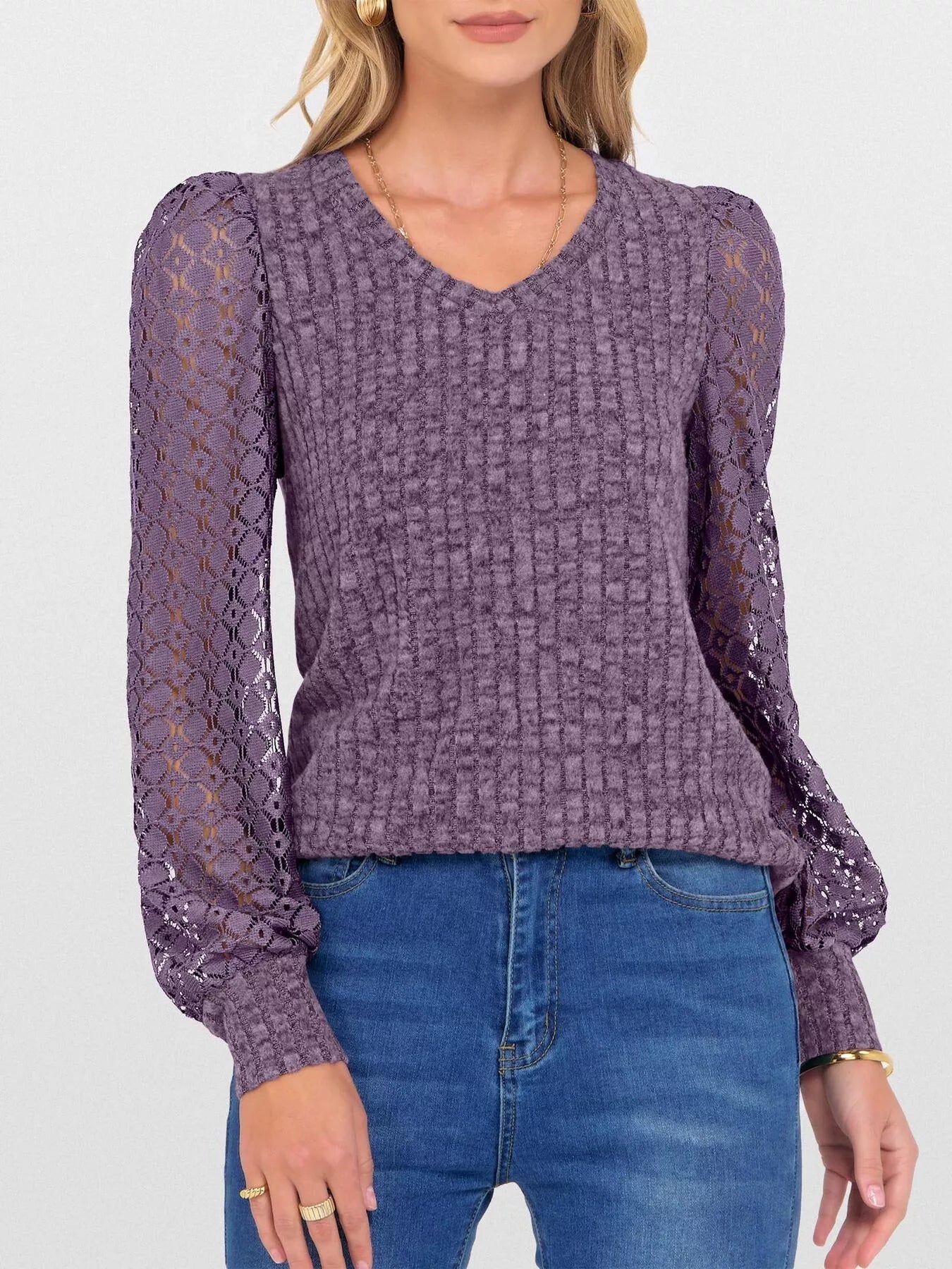 Fashorio Purple / S Lace Sleeve V-Neck T-Shirt