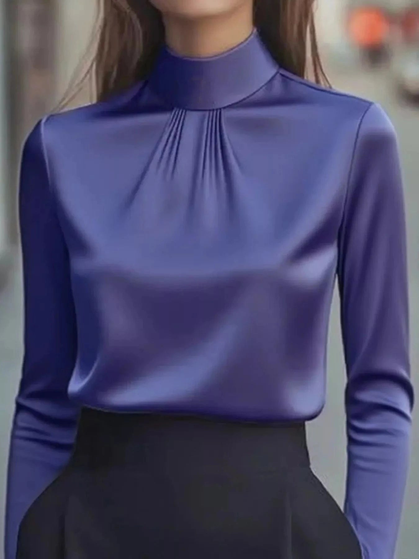 Fashorio Purple / S Mock Neck Long Sleeve Blouse with Pleated Detail
