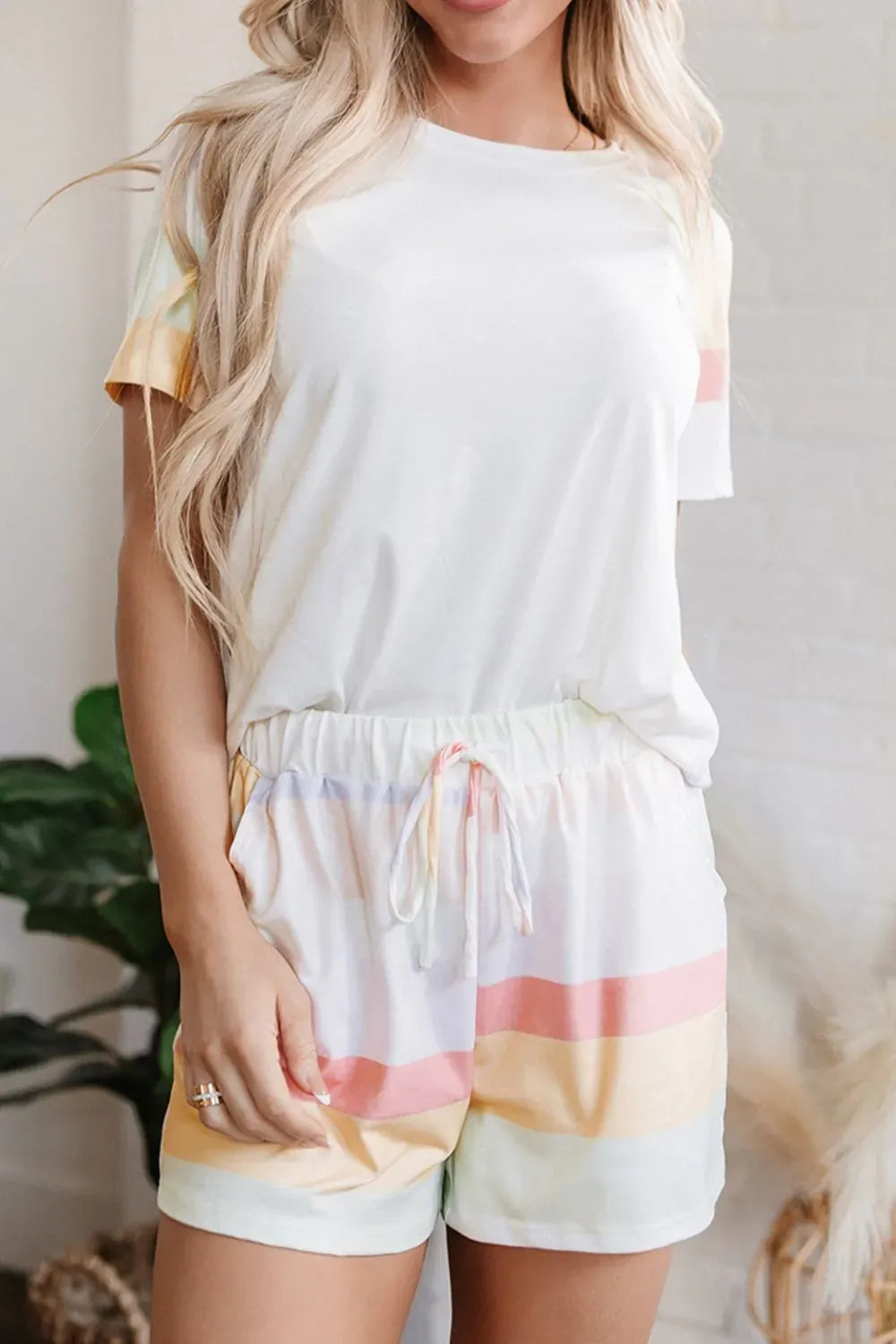 Fashorio Rainbow Striped Round Neck T Shirt and Shorts Lounge Set