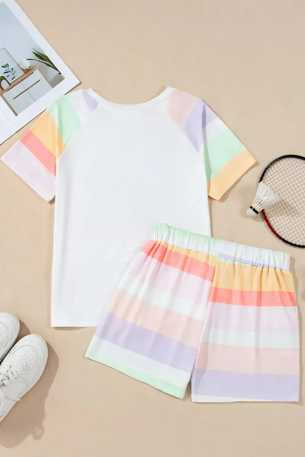 Fashorio Rainbow Striped Round Neck T Shirt and Shorts Lounge Set