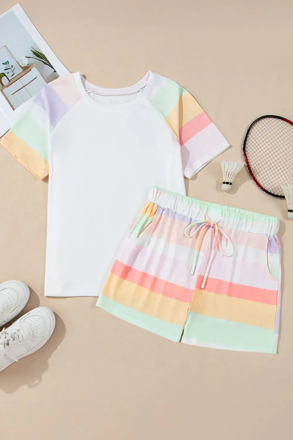 Fashorio Rainbow Striped Round Neck T Shirt and Shorts Lounge Set