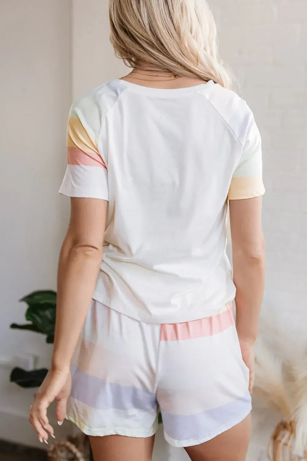 Fashorio Rainbow Striped Round Neck T Shirt and Shorts Lounge Set