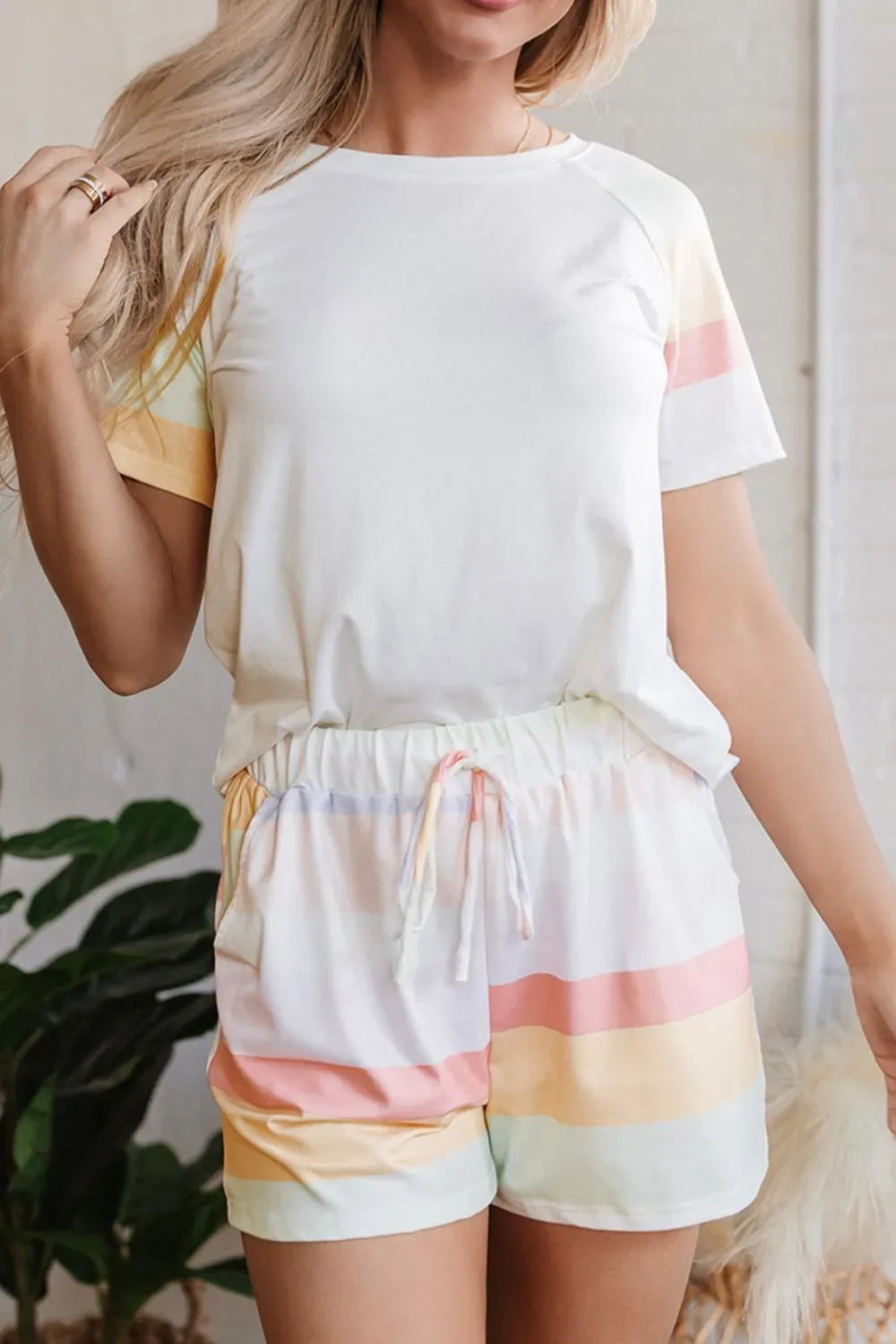 Fashorio Rainbow Striped Round Neck T Shirt and Shorts Lounge Set