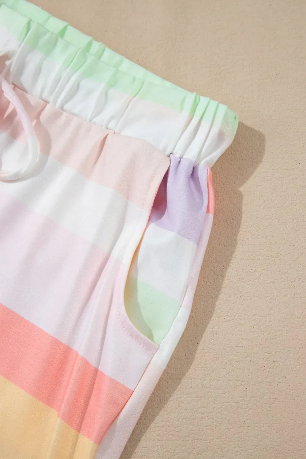 Fashorio Rainbow Striped Round Neck T Shirt and Shorts Lounge Set