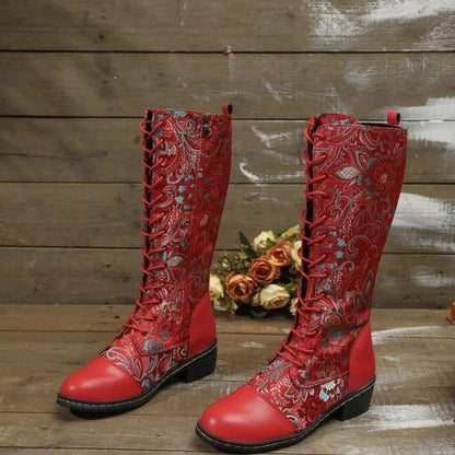 Lace Up Block Heels Boots Red - Fashorio