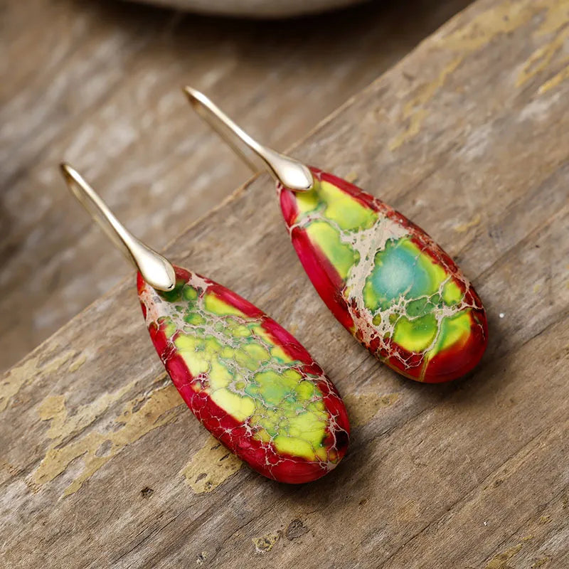 Fashorio Red/Green/Gold / One Size Teardrop Shape Natural Stone Dangle Earrings