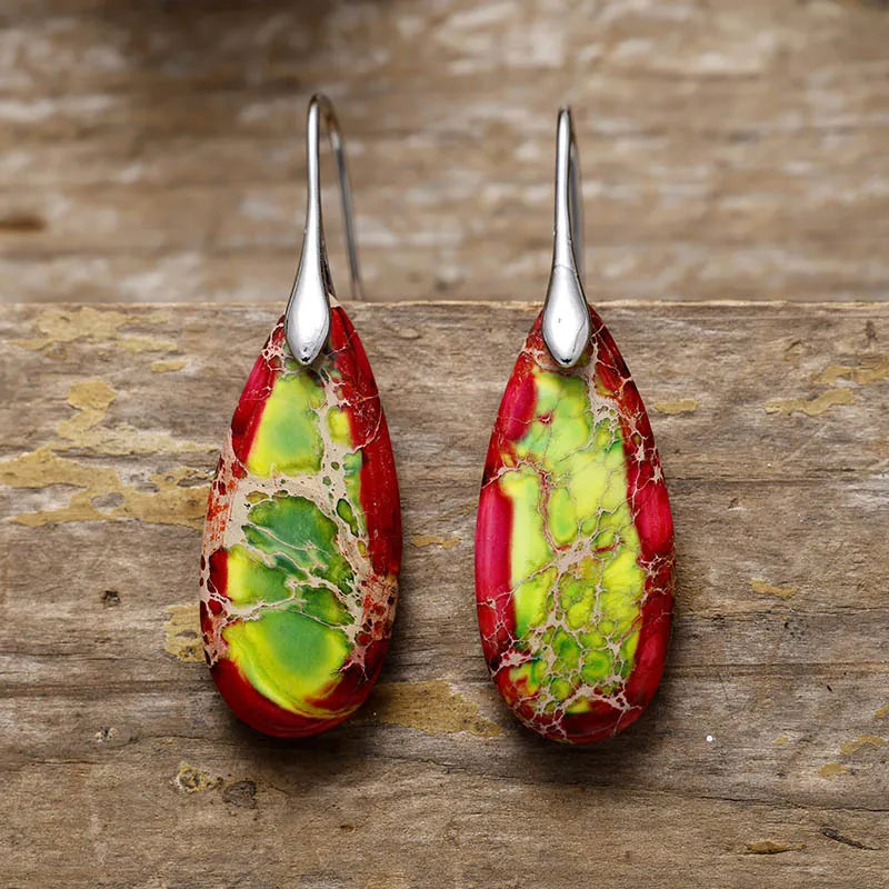Fashorio Red/Green/Silver / One Size Teardrop Shape Natural Stone Dangle Earrings