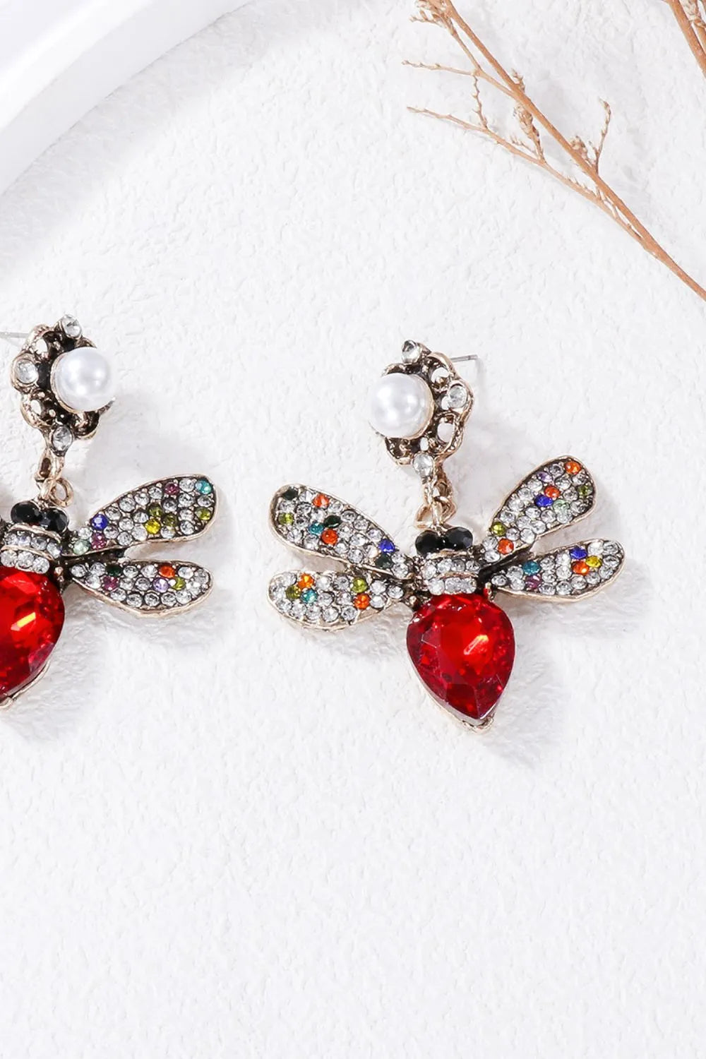 Fashorio Red / One Size Natural Stone Bee Dangle Earrings