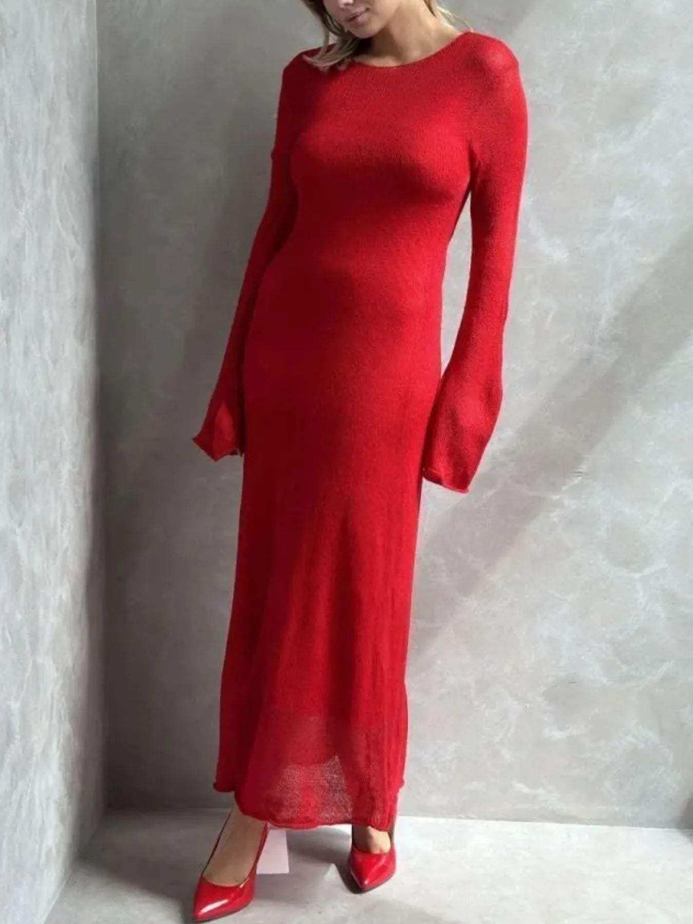 Fashorio Red / One Size Ribbed Knit Cami Dress and Cover Up Sweater Set