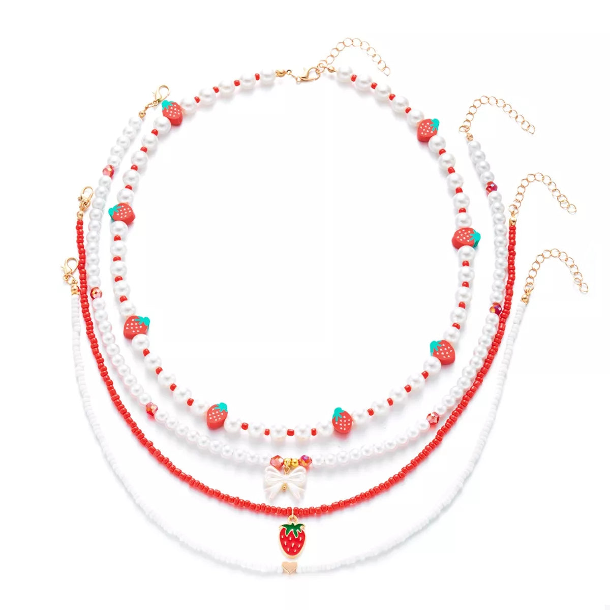 Fashorio Red / onesize 4 Piece Strawberry Pearl Beaded Necklace