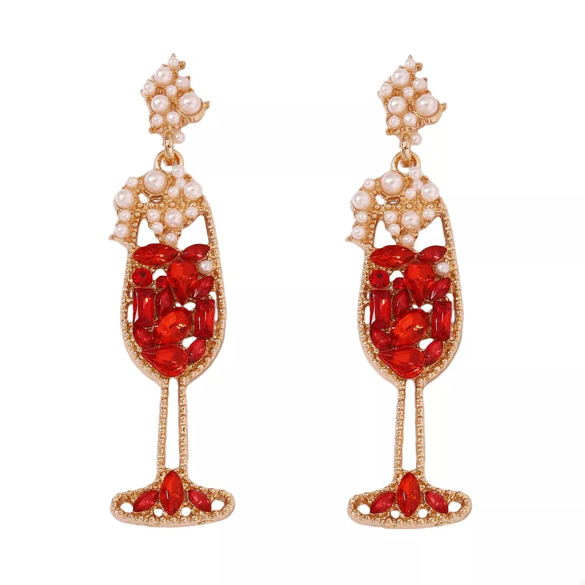 Fashorio Red / onesize Champagne Glass Rhinestone Dangle Earrings