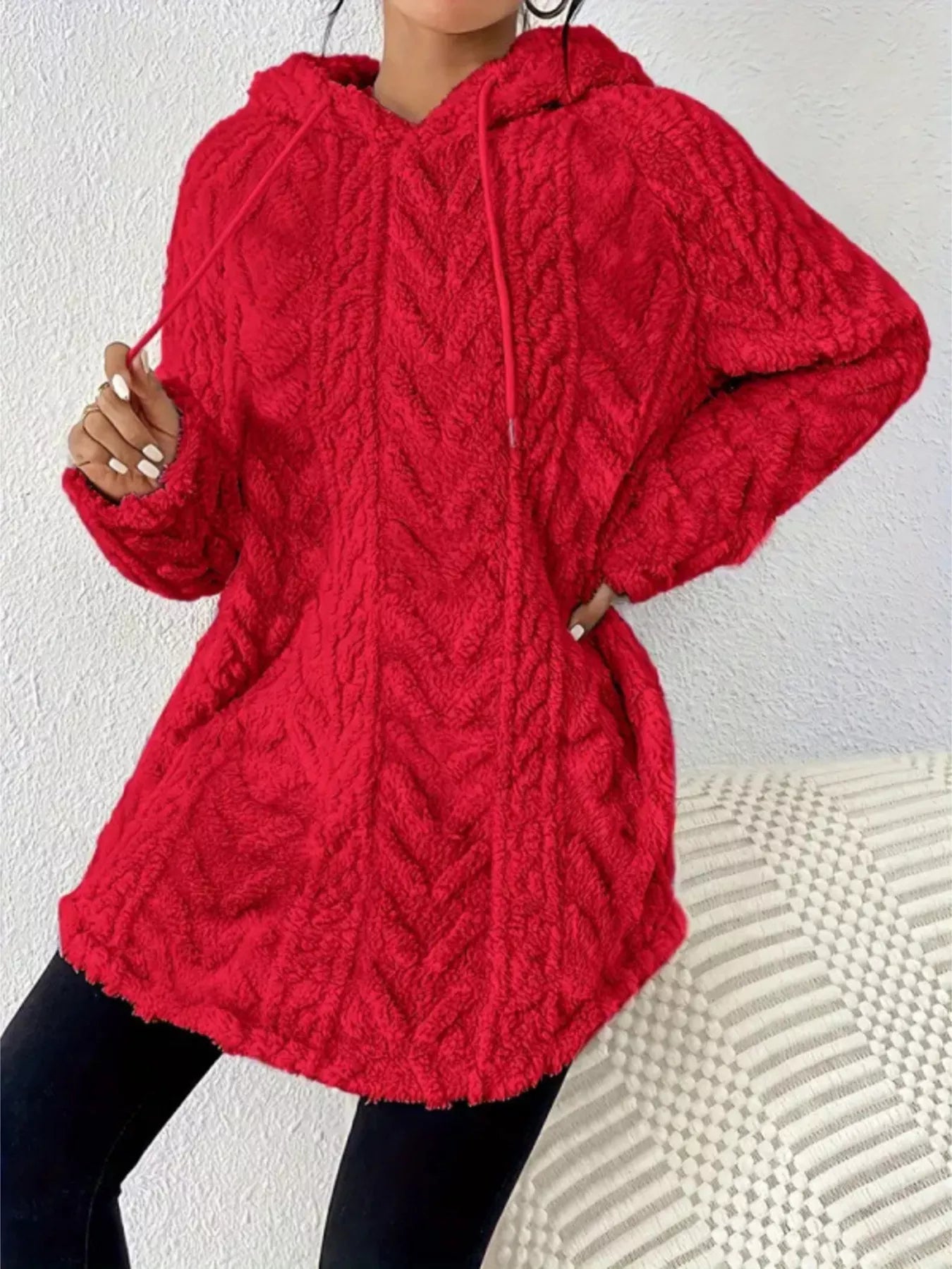 Fashorio Red / S Cozy Textured Drawstring Fleece Hoodie