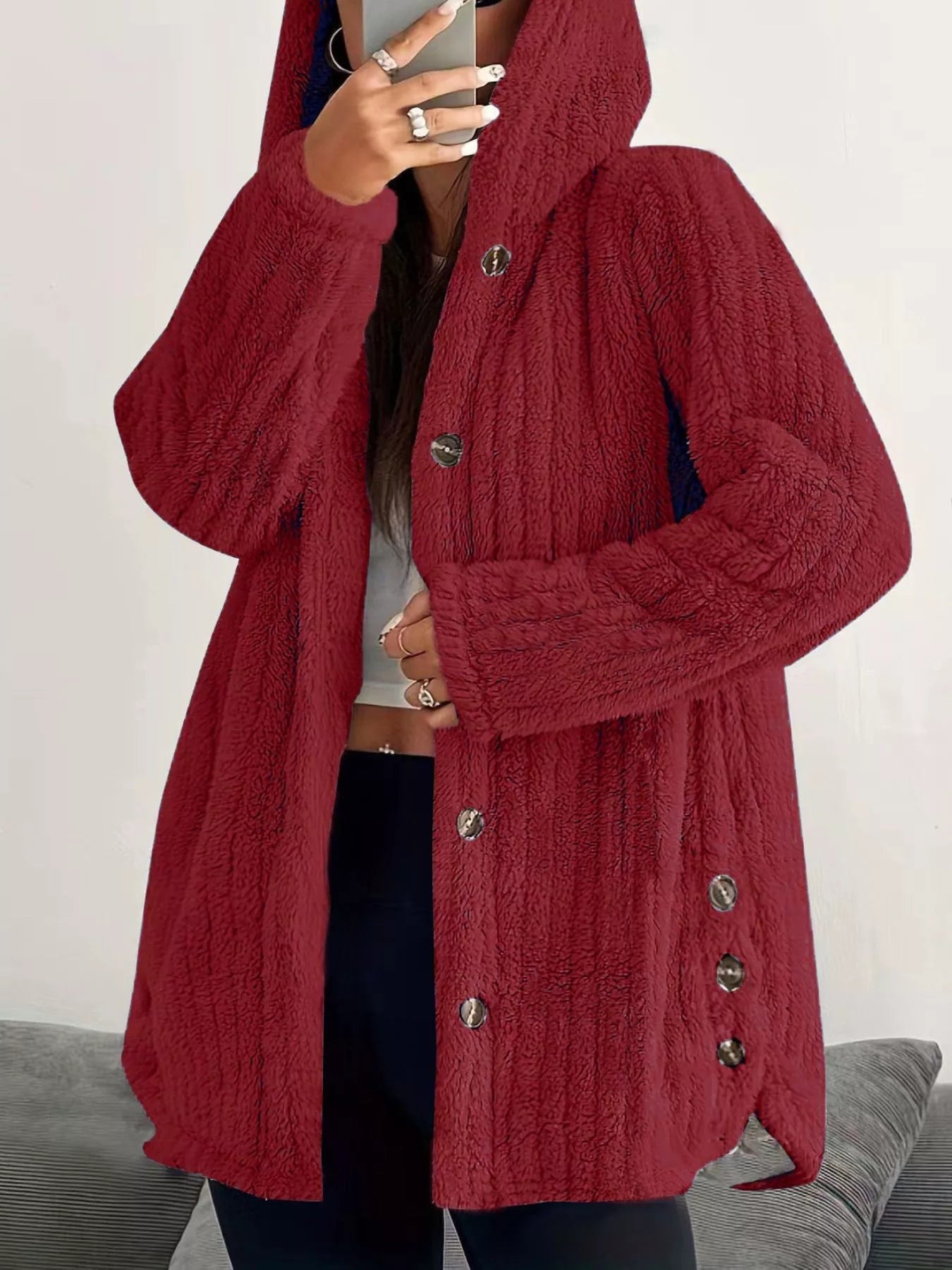 Fashorio Red / S Full Size Fleece Button Up Hooded Outerwear Plus Size